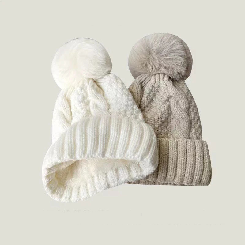 Winter Twist Knitting Hat For Women Fur Pompom Thick Plush Cap Beanie Solid Color Ladies Warm Ski Snow Skullies Beanies 241226