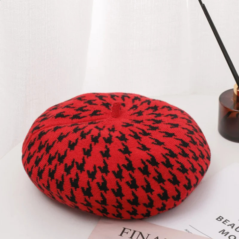 Autumn Winter Womens Thousand Bird Plaid Beret Style Beanie Knit Hat Warm keeping Fashion Artist Art Warm painter hat Cap 241226