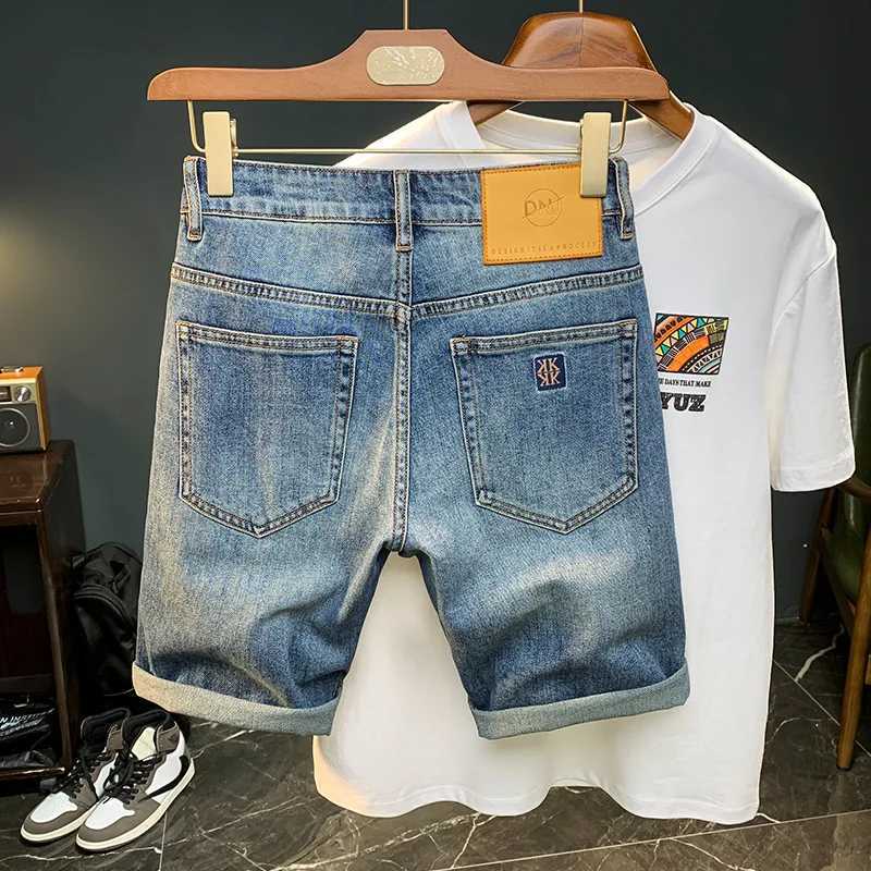 Mens thin denim shorts 2024 summer new embroidery fashion high-end unique design casual wash off fifth pair of pants W241226