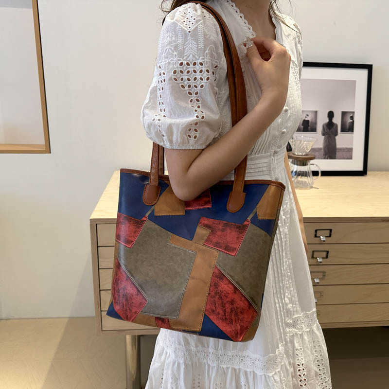 Bag women spliced cowhide shoulder bag, white ditch women's bag, fashion large capacity tote bag, women's commuting bag 241215