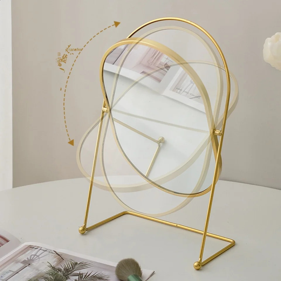Iron Art Nordic Makeup Mirror Iron Frame 360° Rotatable Desktop Stand Mirror Without Dead Corners High Definition Vanity Mirror 241226