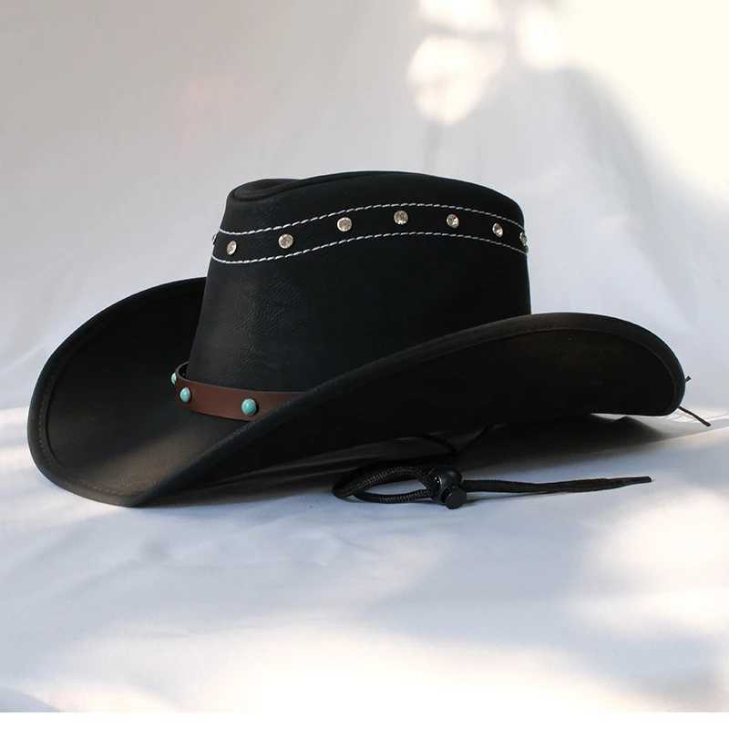 Retro turquoise bead belt womens PU roll width Brim Sombrero Sun C beach denim Western hat adjustment W241225