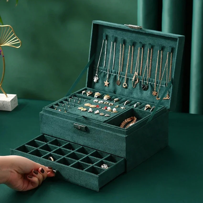 3-layer green velvet jewelry organizer large capacity ring necklace makeup stand with lock Females jewelry box 241226