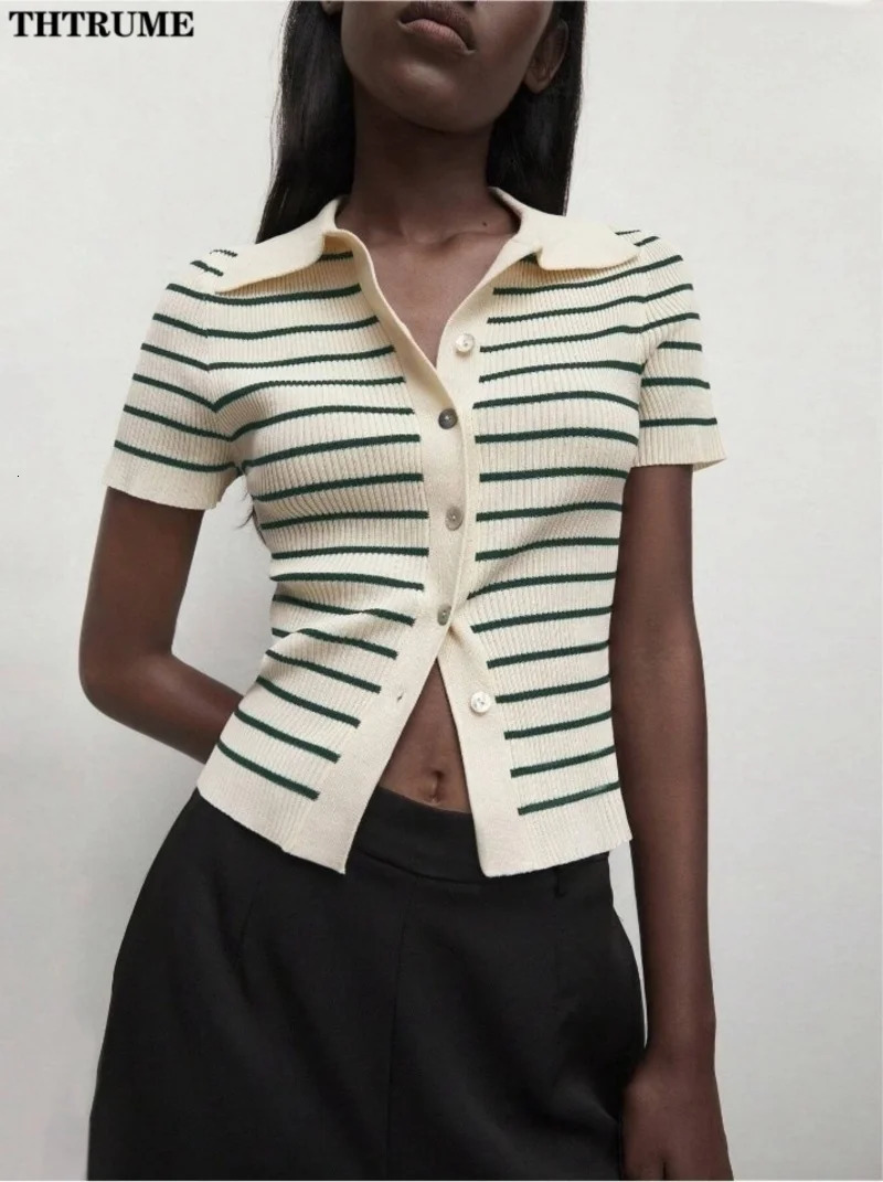 Spring Polo Collar Slim Cardigan Top Fashion Women Short Sleeve Single Breasted Striped Knit Sweaters Coats Casual Cardigans 241225