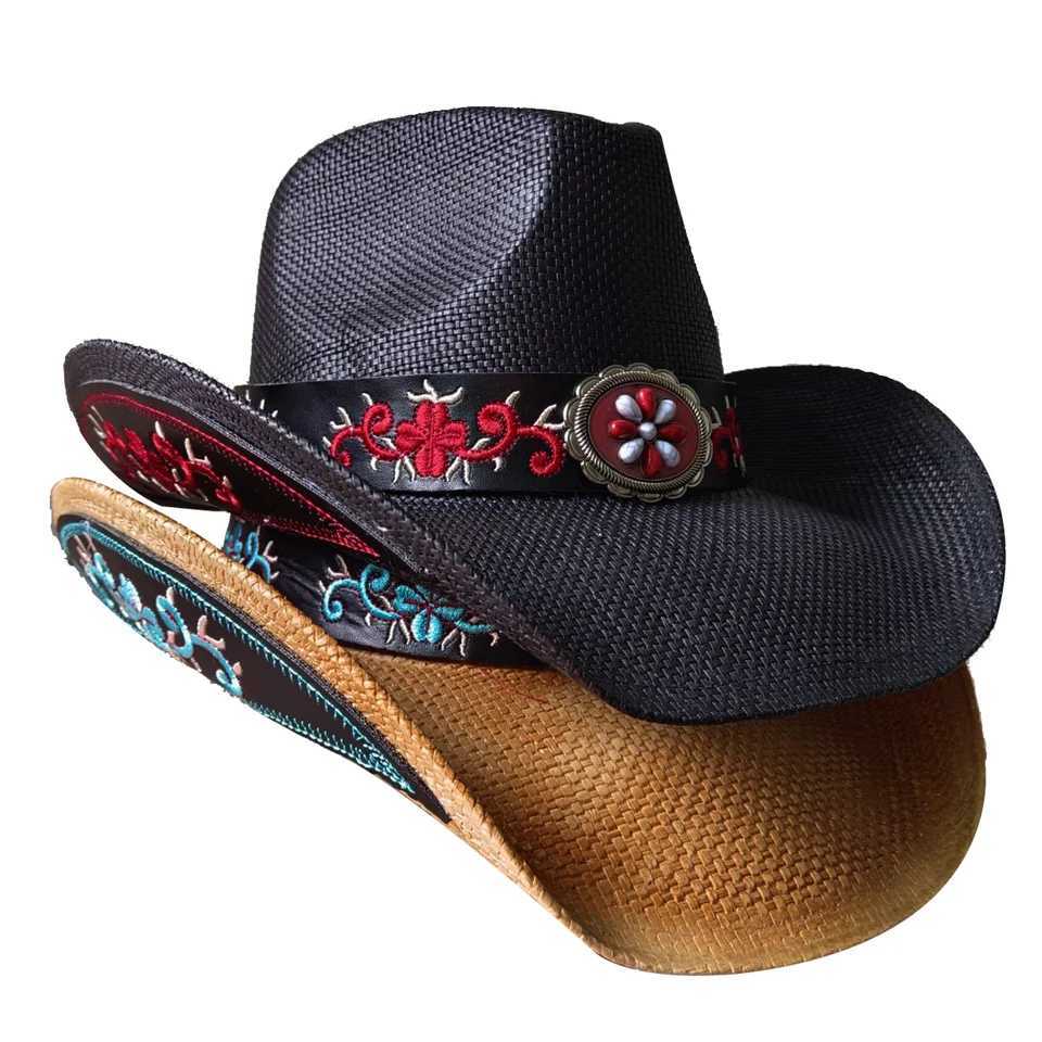 Black Thick Western Cowboy Hat Embroidered Decal 2024 Cowboy Hat Sun Hat Spring/Summer Straw Hat W241225