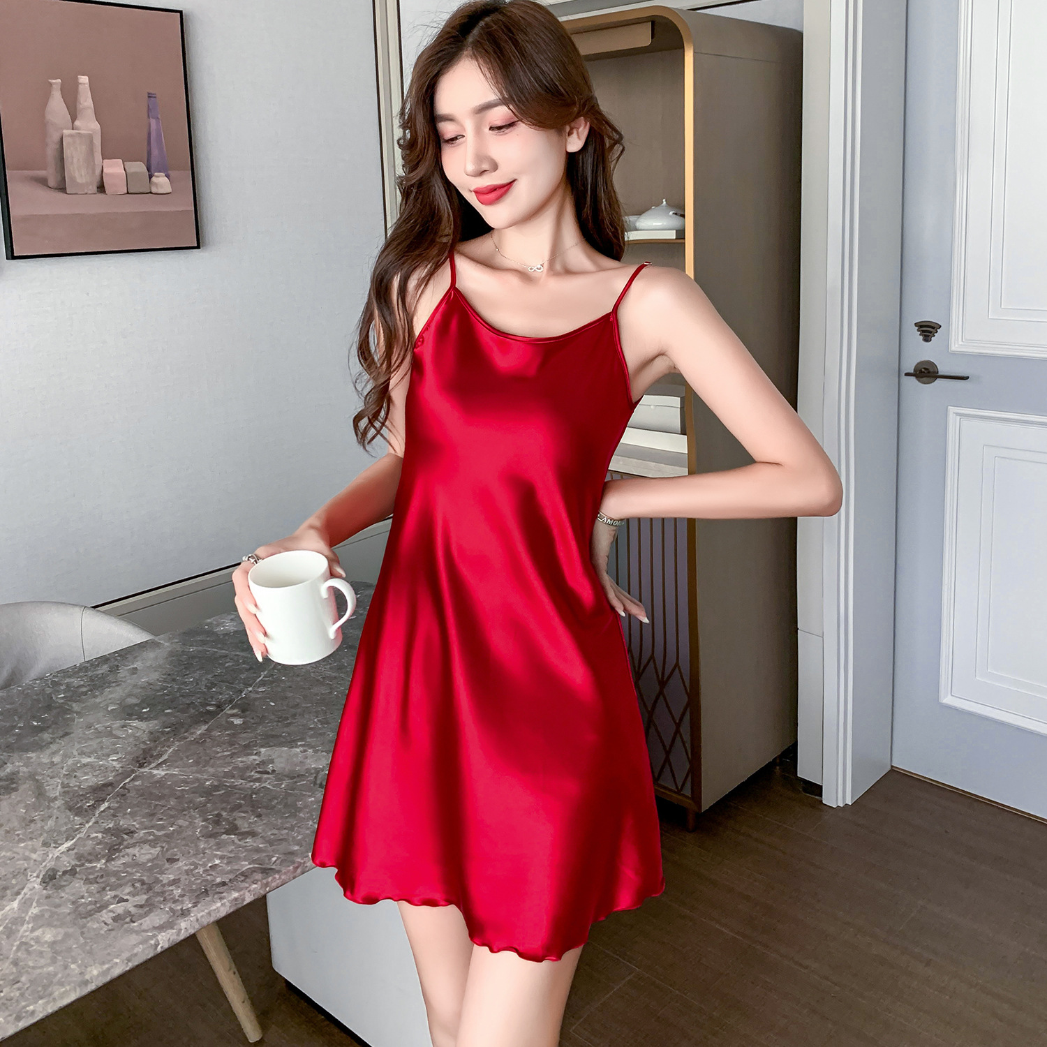B825-Women's ice silk lock edge T-shirt suit summer new round neck thread pajamas 2-piece set sweet casual home clothes