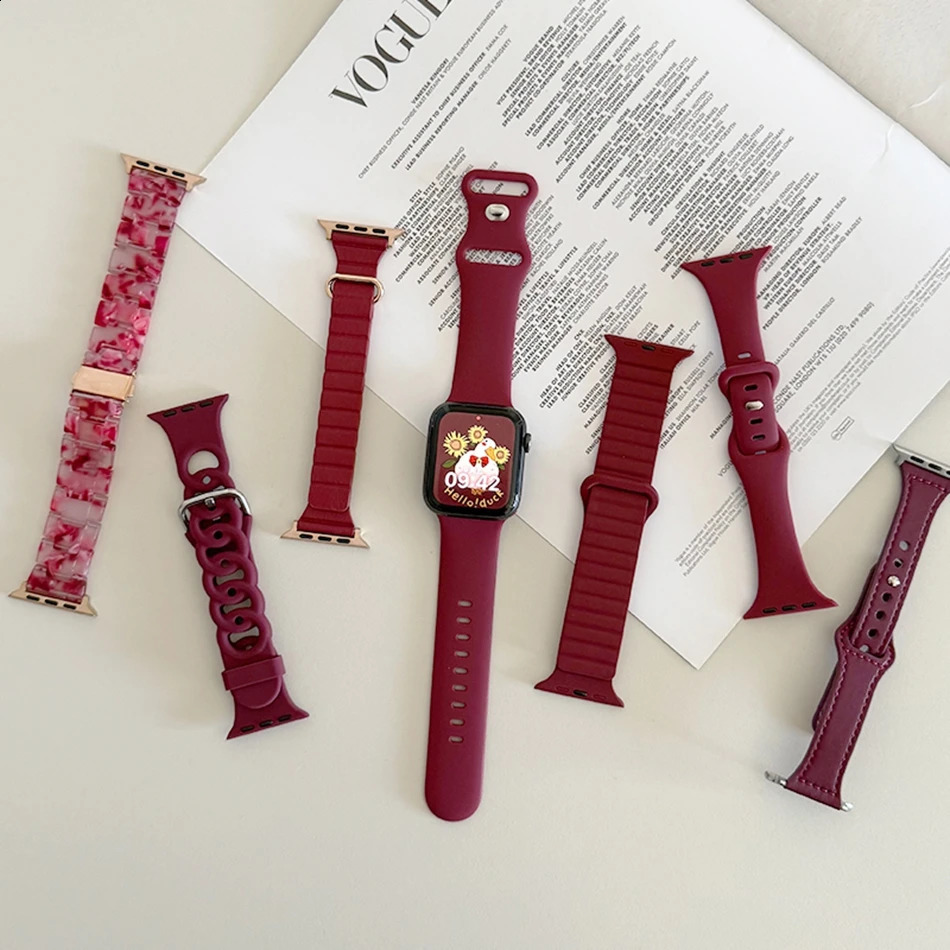 Wine Red Nylon Magnetic Silicon Strap For Watch Band S10 9 8 7 6 SE 38/40/41/42/44/45/46/49mm Bracelet 241220