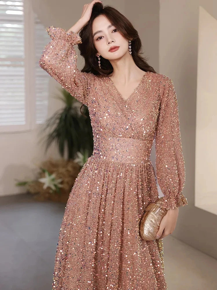 Customized Evening Dresses Elegant V-Neck A-Line Floor-Length Sparkly Sequin Women Formal Gowns For Engagement Part Dress 241223