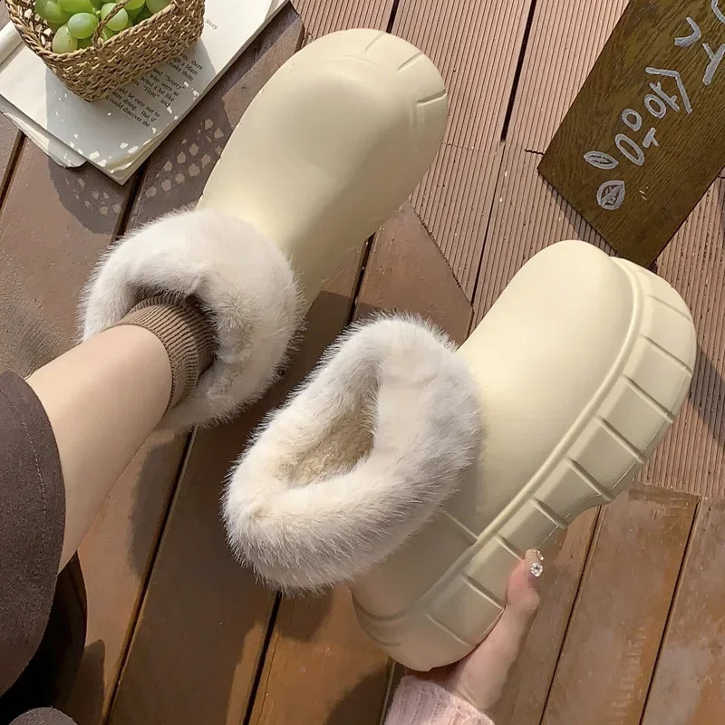 High Top Waterproof Cotton Shoes for Womens Winter Outdoor Plush EVA Thick Soled Rain Boots Green Keep Warm Botines Ladies 241226