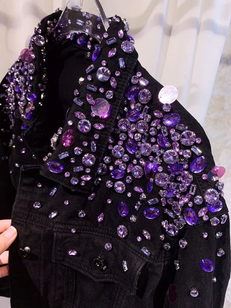 Studded Black Denim Jacket Woman Fashion Model Heavy Industry Rhinestone Beaded Sequins Street Diamond Jean Coat 241223