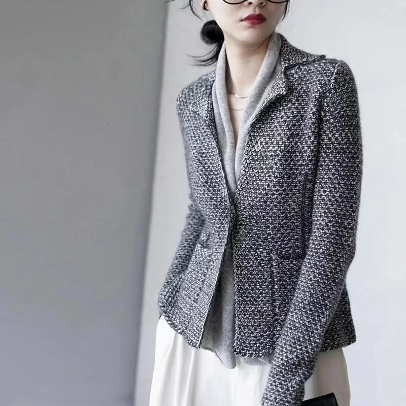 Autumn Winter 100 Cashmere Wool Women Sweater Tailored Collar Two Piece Knit Cardigan French Casual Soft Suit Tops 241225