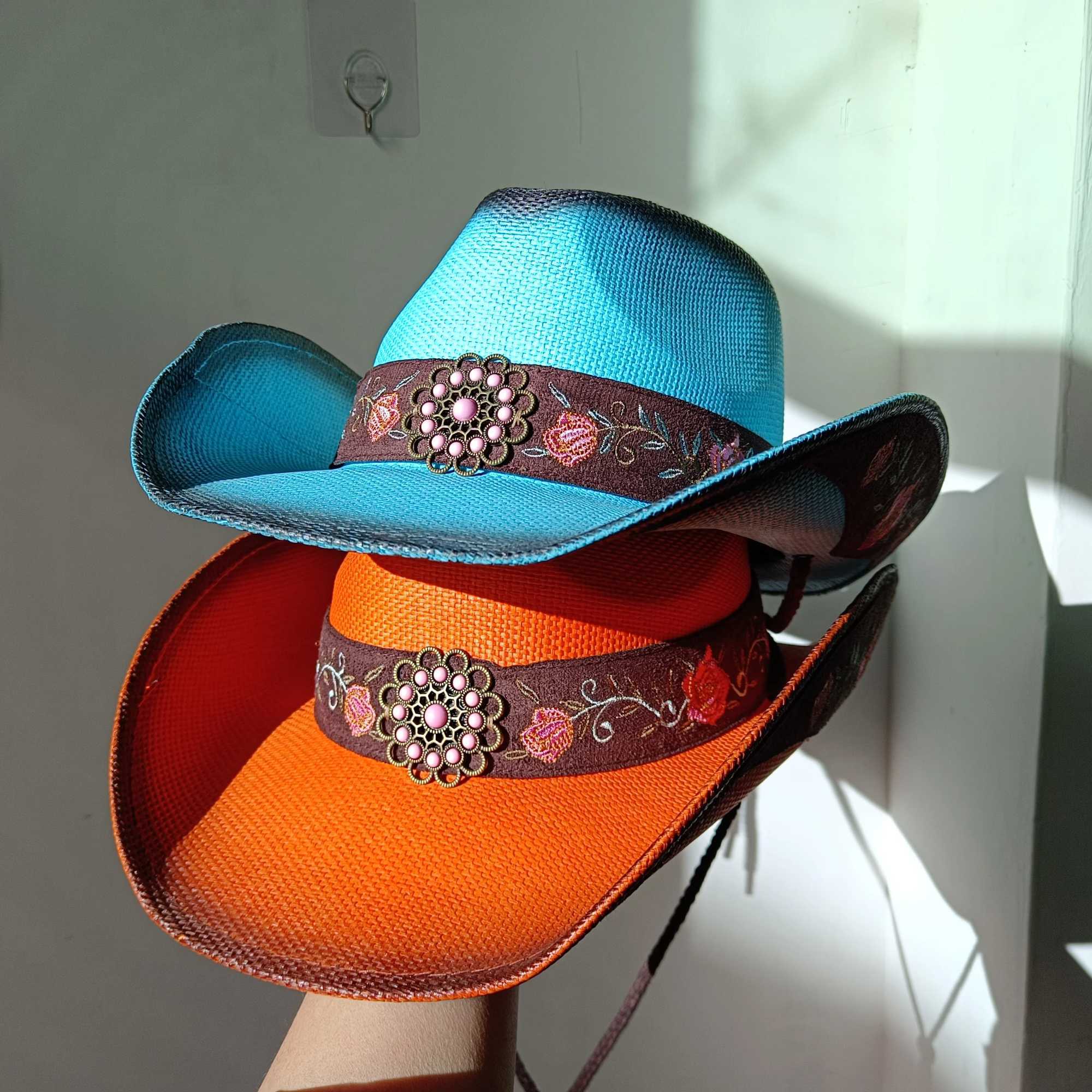 2024 Blue Lake New Western Cowboy Hat Summer Outdoor Travel Beach Sun Hat Mens and Womens Retro Gentleman Cowboy Jazz W241225