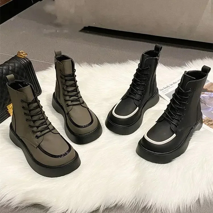 Trend for Spring and Autumn Round-toed Boots High Quality Thick-bottomed British Style Flat Ankle Boots for Women 241226