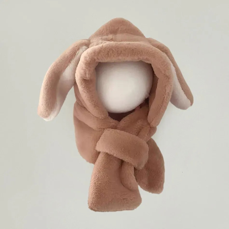 Childrens Solid Color Plush Scarf Hat Cute Cartoon Teddy bear Rabbit Warm Winter Windproof and Cold 241225