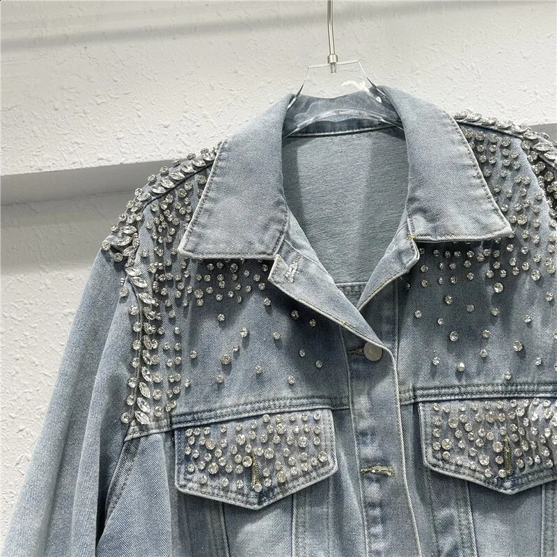 Light Blue Beaded Diamond Short Denim Jacket Women Spring Autumn Casual Lapel Long Sleeve Cow Outerwear Female Streetwear 241223