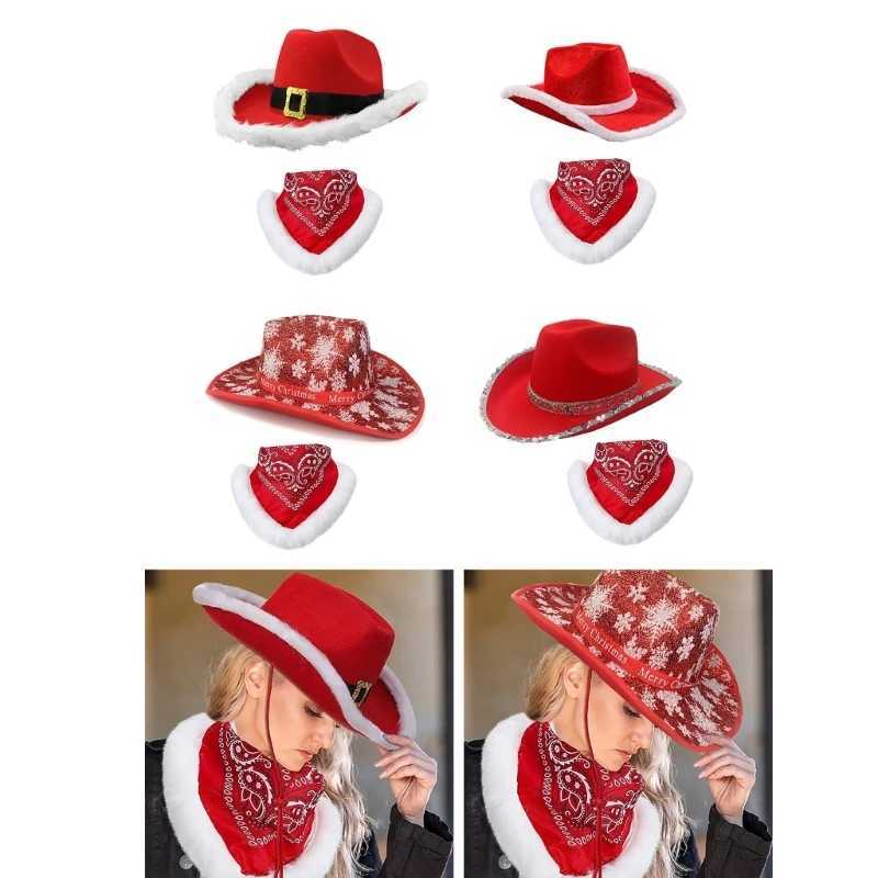 Fashion Scarf Cowboy Hat Bandana Set Christmas Party Photo Props Santa Claus Hat with Beautiful White Brim W241225