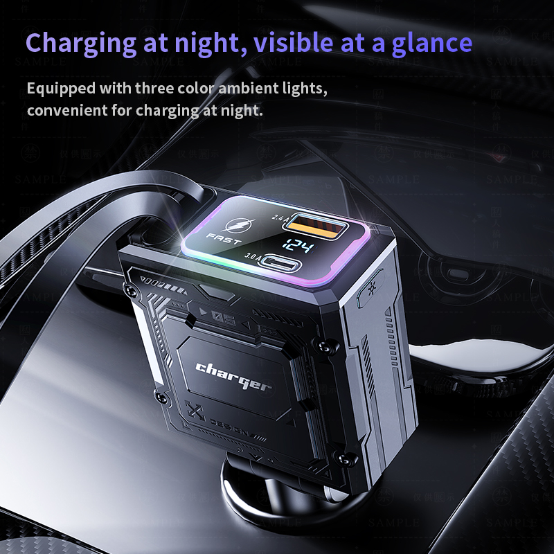 Fast Charge 120W 4-in-1 Vehicle Charging Hub with Digital Display - Compatible with iPhones and Samsungs