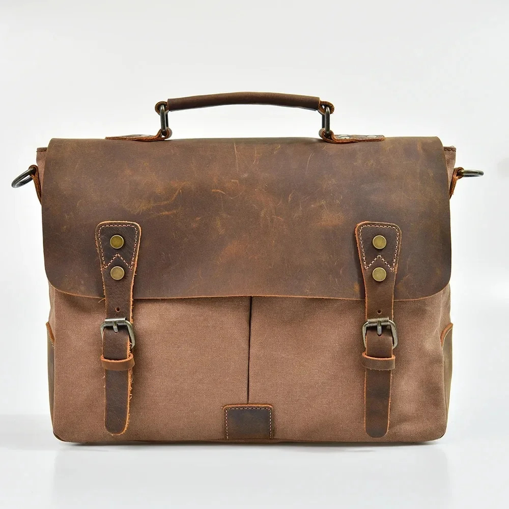 High Quality Portable Briefcase Leather with Canvas American Retro Messenger Bag Shoulder Messenger Bag Multi-purpose 241225