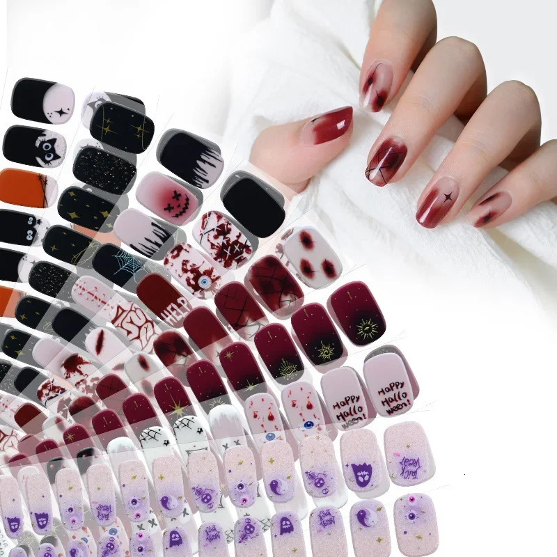Ghost Gel Nail Stickers Halloween Pumpkin Gothic Flame Spider Web Skull Bones Semi Cure Nail Wraps UV Lamp Need 241225