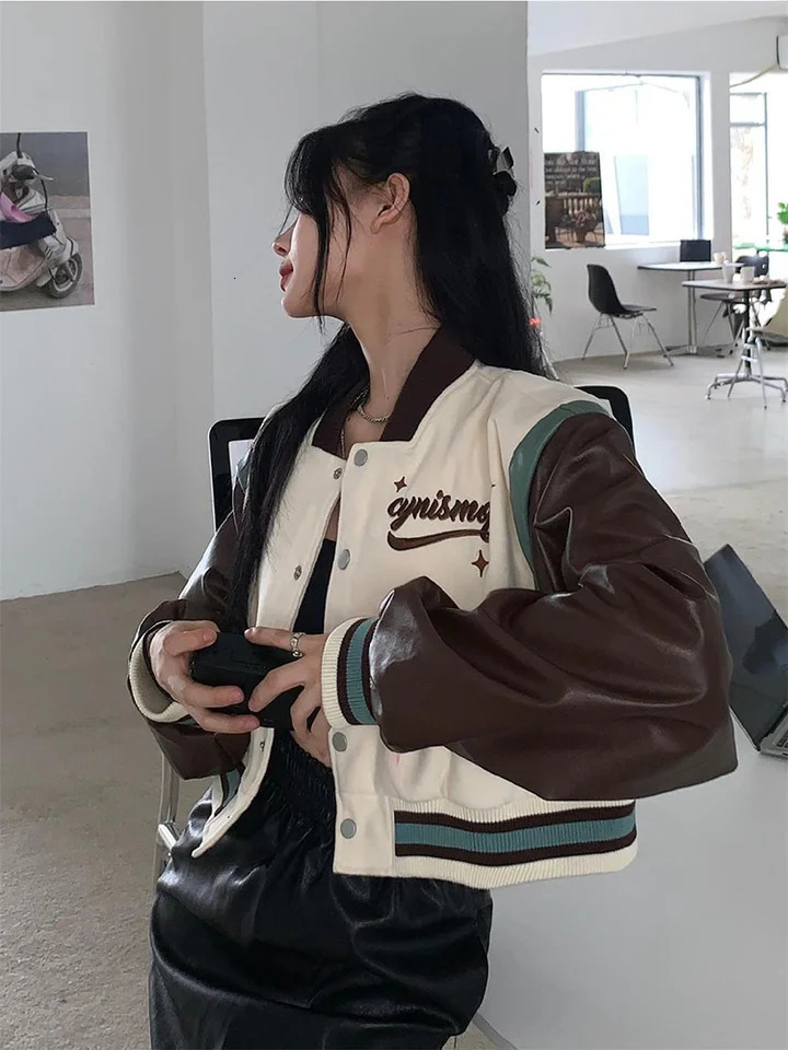 Y2K Cropped Baseball Jackets Women Harajuku Oversized Bomber Coat Streetwear Korean Letter Print Casual Short Outerwear Tops 241218