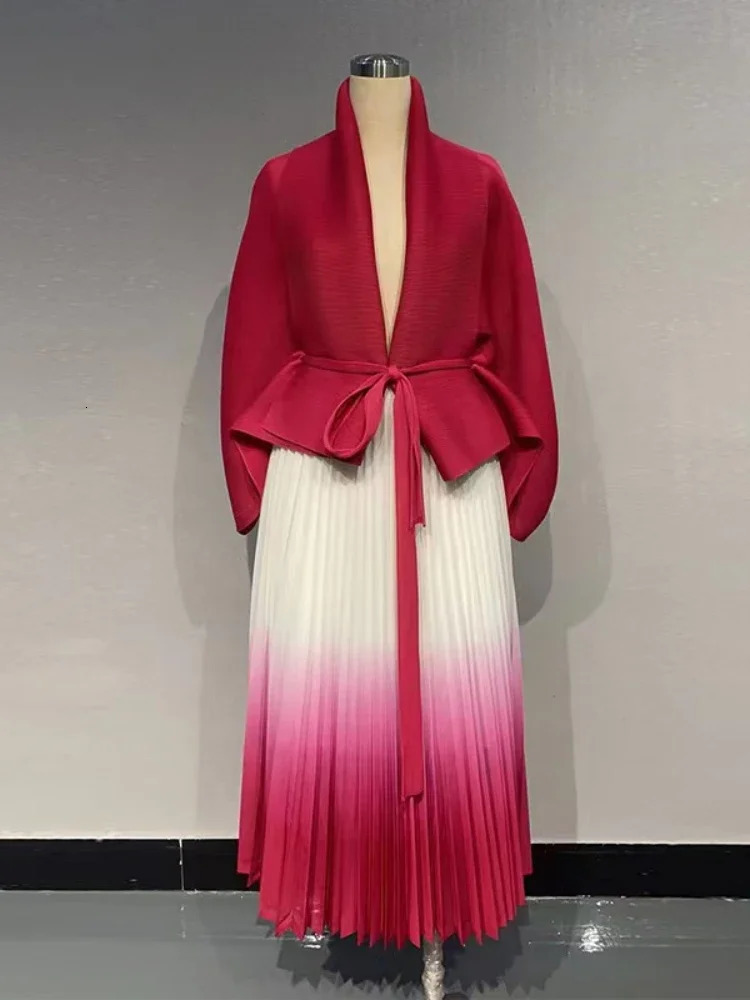 EGRM Gradient Pleated Fashion 2 Piece Set Women Belt Batwing Sleeves Tops Aline Long Dresses Elegant Party Sets 32C1389 241220