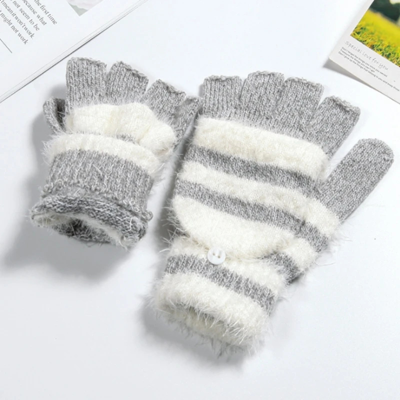 Plush Striped Gloves Fingerless Gloves with Flip Top Winter Knitted Mittens M6CD 241226