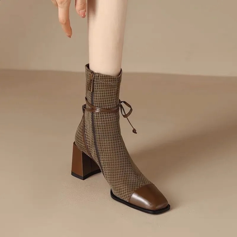 Shoes for Women Square Toe Ladies High Heels Comfortable Thick Heel Office Female Shoes Fashion Womens Ankle Boots 241226