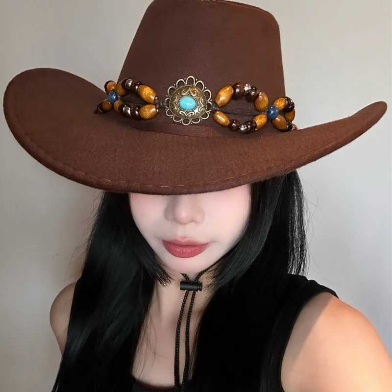 Retro turquoise decorated Western cowboy hat summer new style large brimmed wide border sun hat W241225
