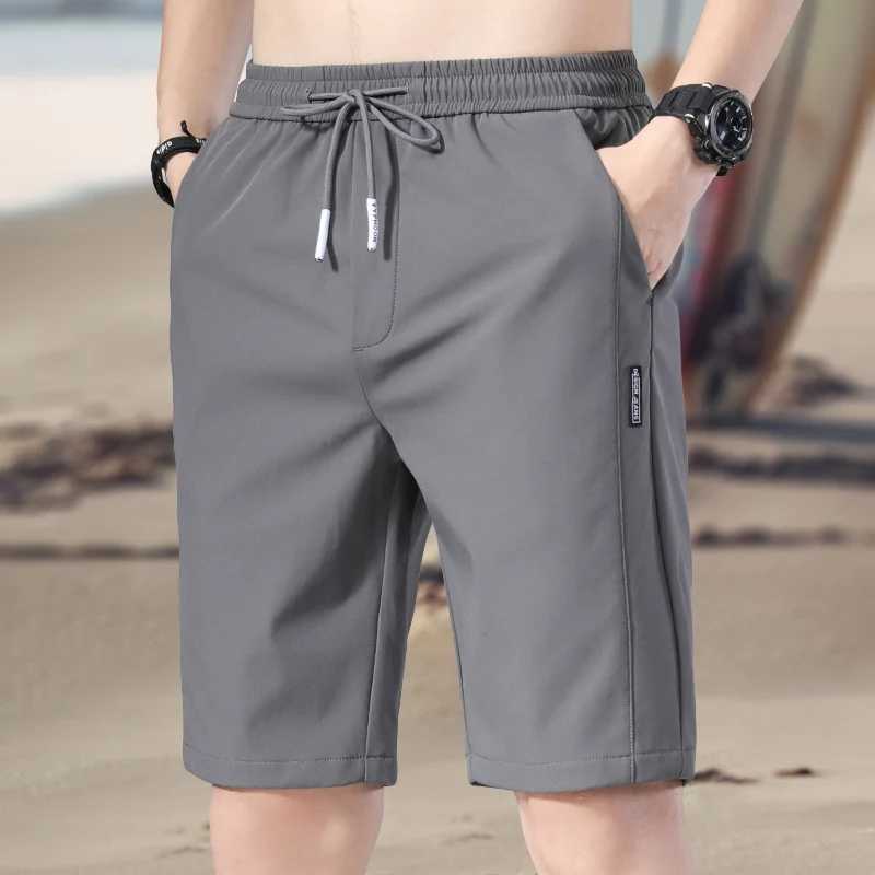 Mens summer casual shorts with elastic waist brushed straight solid color ice silk sports thin pockets knee pants mens clothing W241226