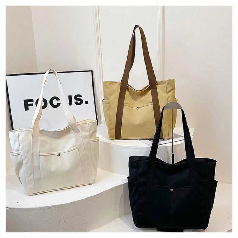 Preppy Style Shoulder Bag Unisex Large Capacity HandBag Casual Versatile Solid Canvas Bag Student Commuting Zipper Square BagXJ241225
