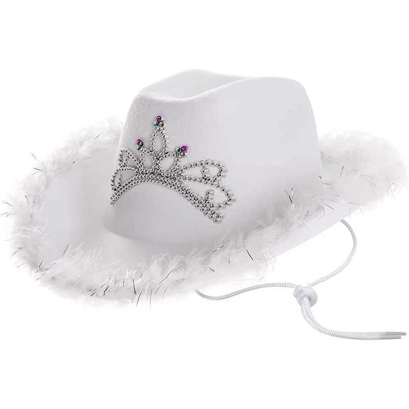 Pink Crown Western Cowboy Hat Womens Headwear Feather Felt Glitter Cowboy Girl C Costume Party Jazz CS Halloween Role Playing Props W241225