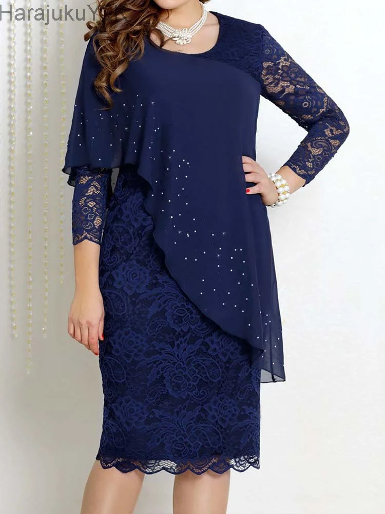 Womens Plus Size Year Knitted Dresses Mesh Lace Long Sleeve Stitching Evening false Two-piece Chiffon Dress 90s 241225