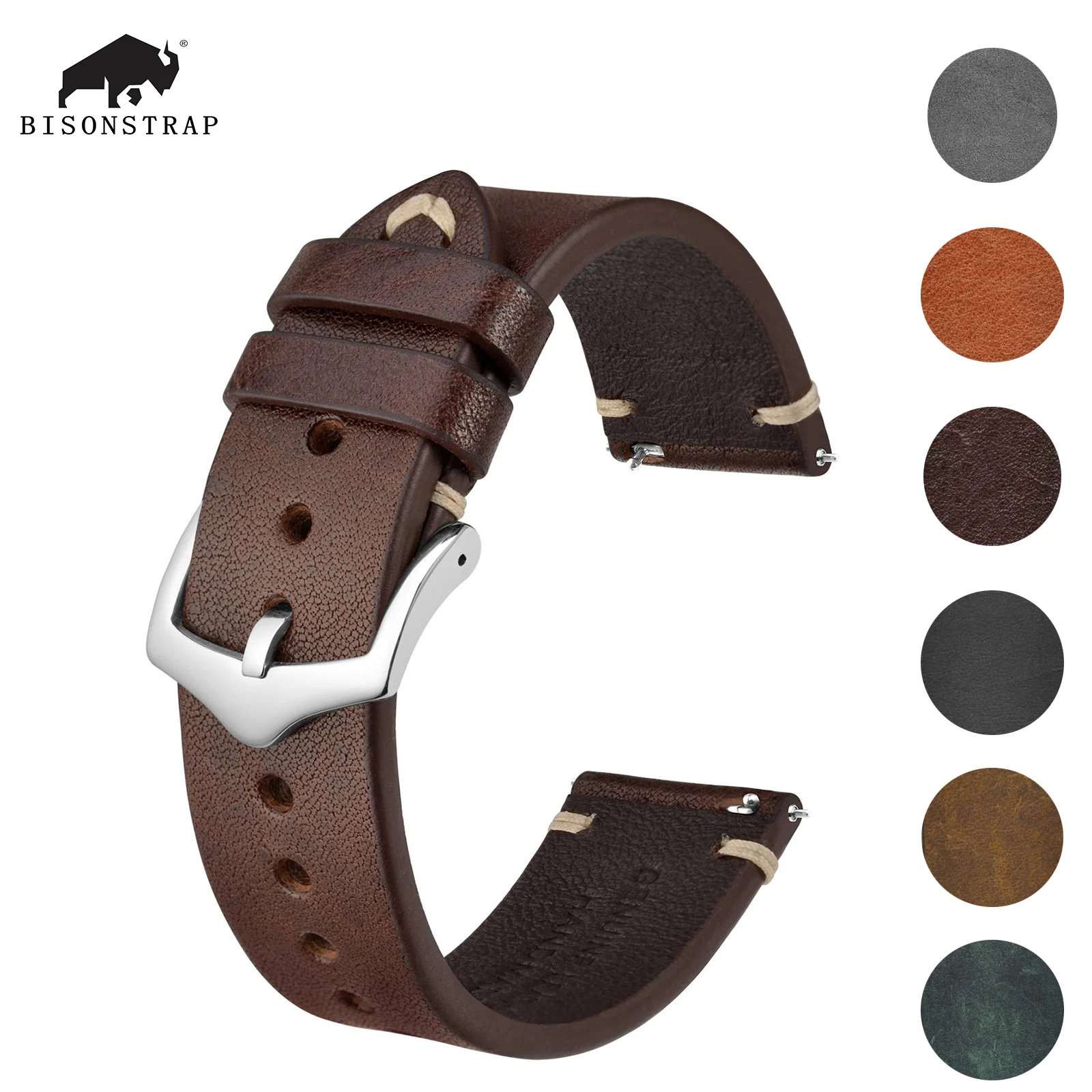 BISONSTRAP Crazy Horse Leather Watch Strap Bands18mm 20mm 22mmfor Smartwatch Green Brown 241225