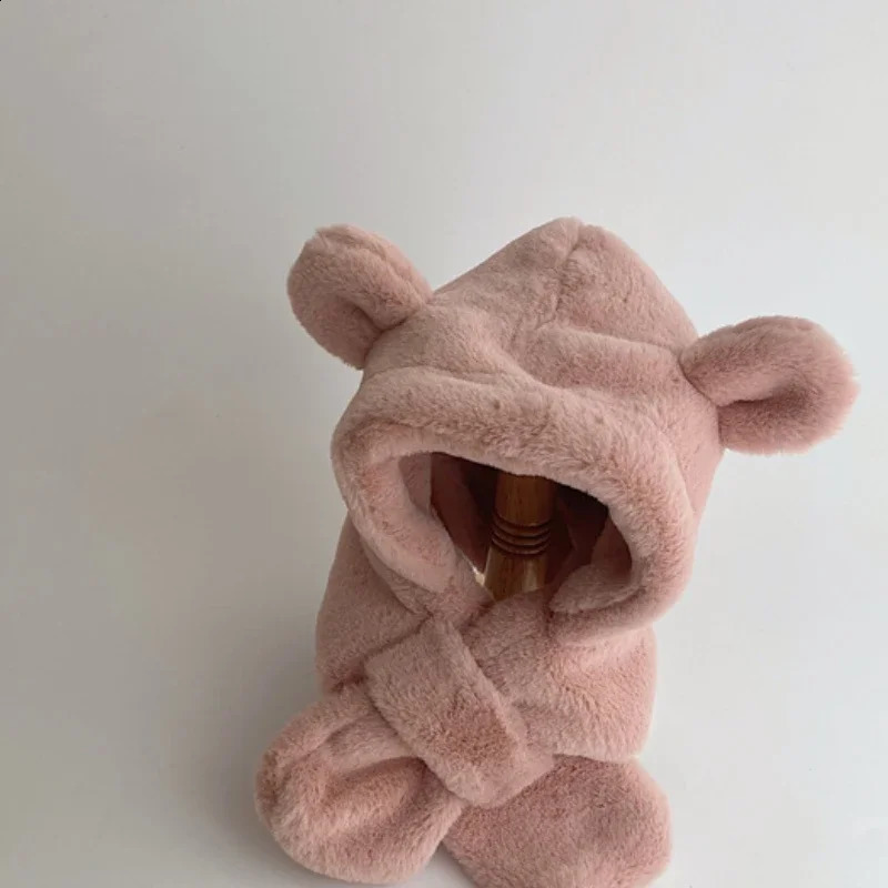 Winter Baby Hat OnePiece Faux Fur Kids Hooded Scarf Bear Ears Warm Neck Ear Cap for Girls Boys Windproof Beanies Infant 241225