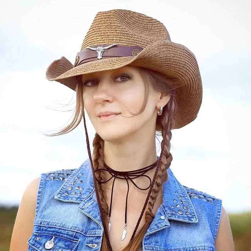 Metal Bullhead Leather Band Chin Str Gangster C Travel Western Cowboy Girls Summer Sunshine Beach Str Sunscreen Hat W241225