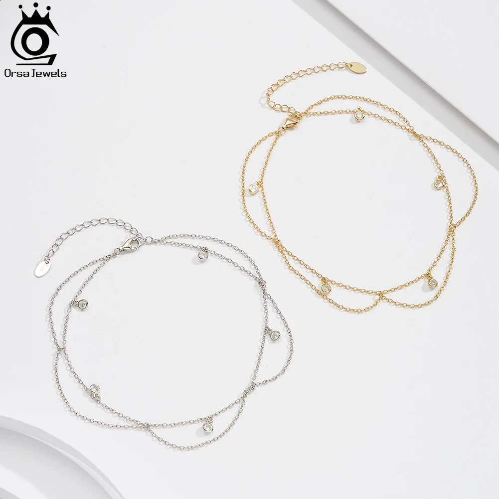 ORSA JEWELS 925 Sterling Silver Bohemia Zirconia Pendants Anklets Foot Jewelry Clear CZ Charm Rhinestone Bracelet on Leg SA72 241226
