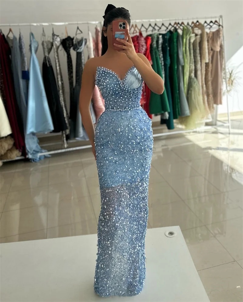 Dresses Evening For Women Sweetheart Neck Sleeveless Strapless Gown Pearl Beaded Sequins Customized Dress Party 0220