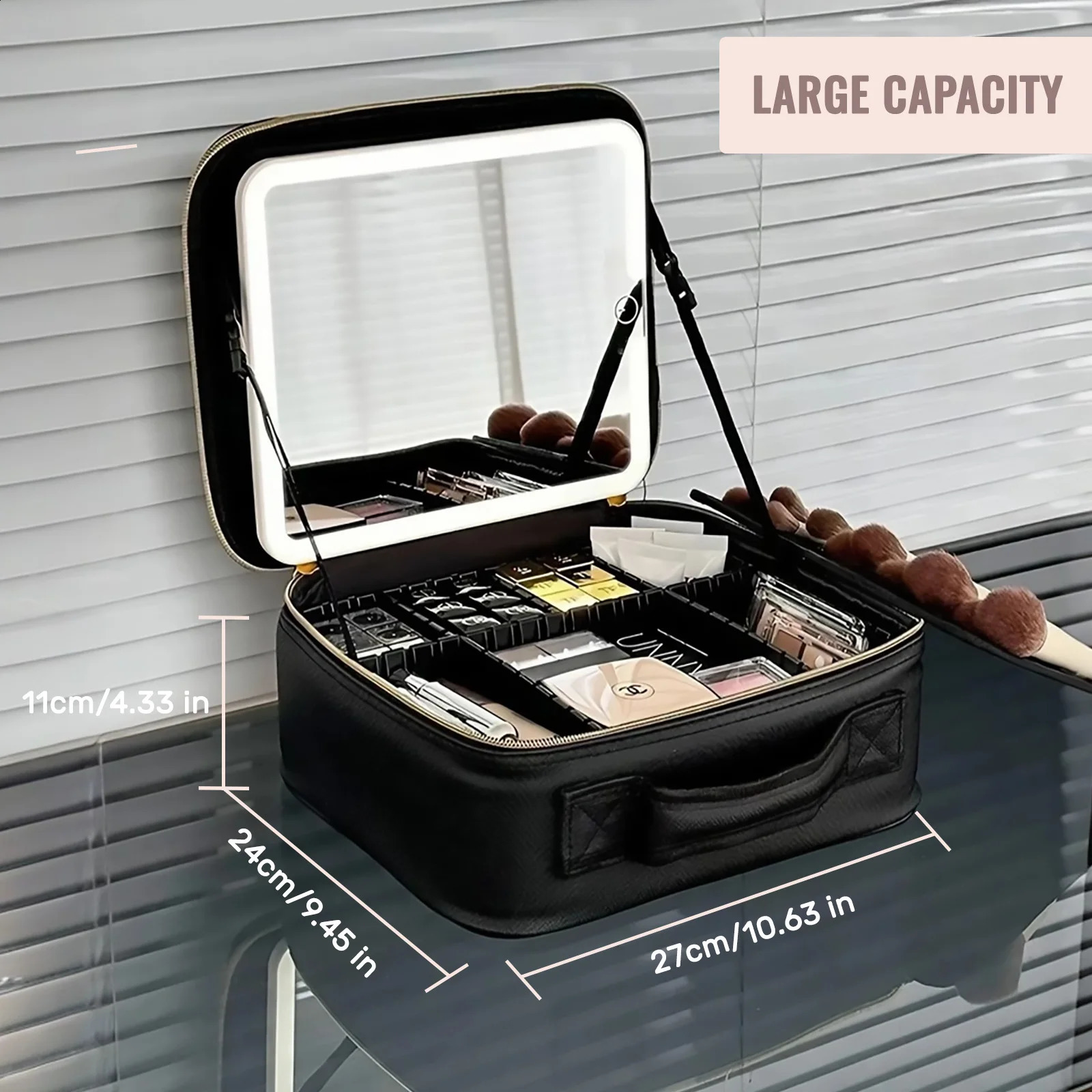 Travel Makeup Bag With LED Lighted Mirror Makeup Train Case With Adjustable Dividers For HomeGiftVacation 241226