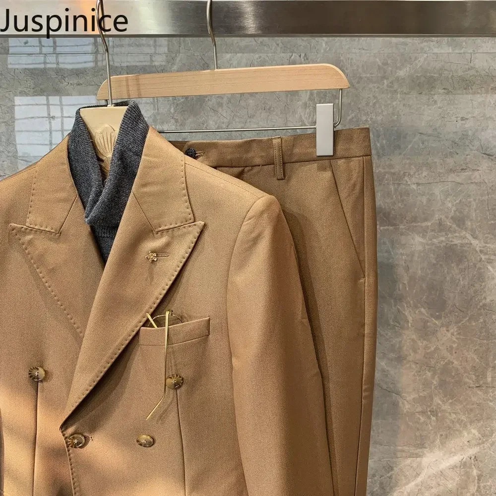 Autumn British Style Retro Solid Slim Double Breasted Suit Blazers Trousers Set Mens Loose Business Casual Jacket Pants 241223