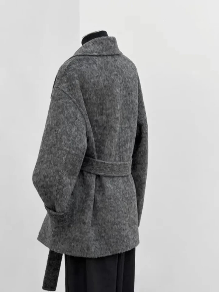 Turtleneck Single Breasted Woolen Coat Laceup Solid Color Elegant Full Sleeve Clothing 241225