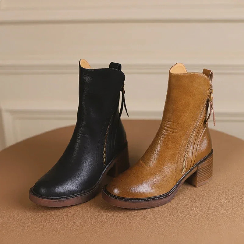 Womens Platform Chelsea Boots Round Toe Chunky Heel Women Brown Ankle Boots Outdoor High Heel Leather Boots 241226