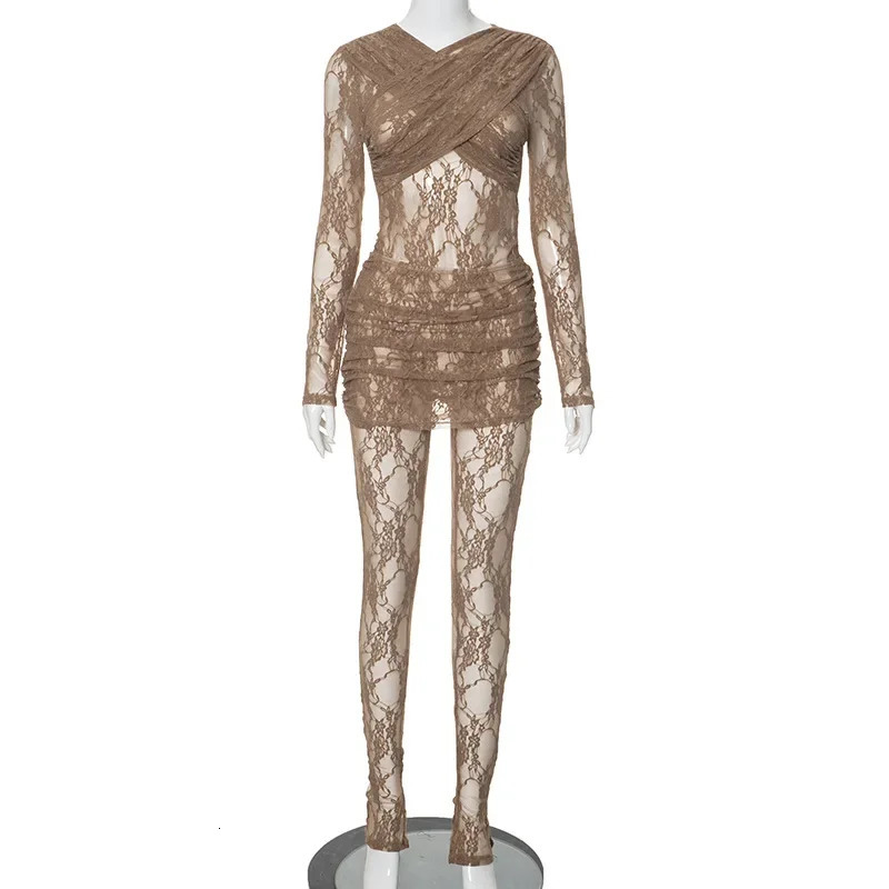 Womens 2023 Stitched Lace Seethrough Jumpsuit Pants Skirt Twopiece Set Elegant Sexy Party Club Outfit Vestidos 241224