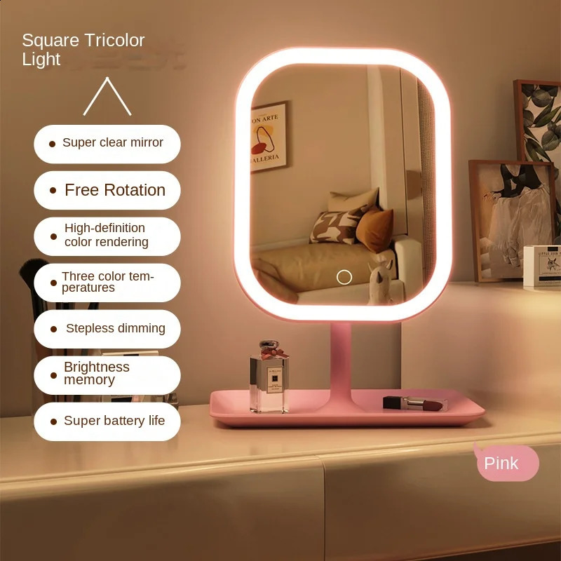 Niche Modern Desktop Vanity Mirror 3 Color Light LED Makeup Mirror Touching Mirror Women Bedroom Dressing Mirror 241226