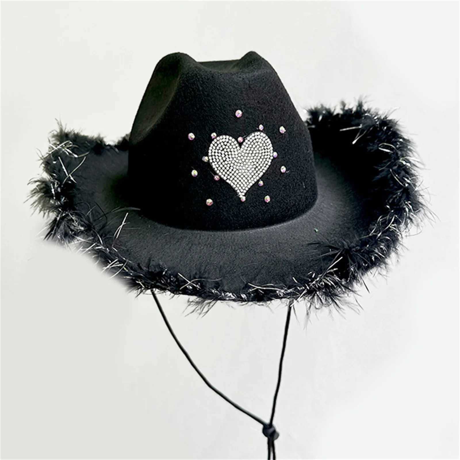 Diamond Heart Feather Cowboy Hat for Womens Western Style Fashion Party Wide Brown Cowboy Hat Plush Decoration Cs W241225