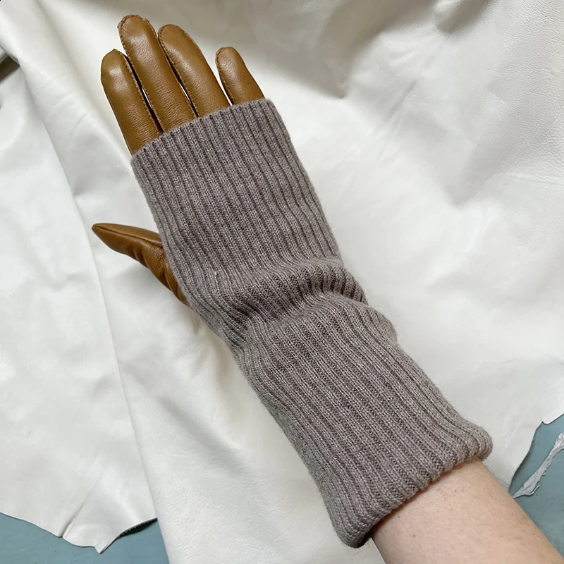 Leather Gloves Warm Knitted Panels Sheepskin Gloves Ladys Autumn Winter Single Leather Gloves Knitted Sleeves Light Brown 241226