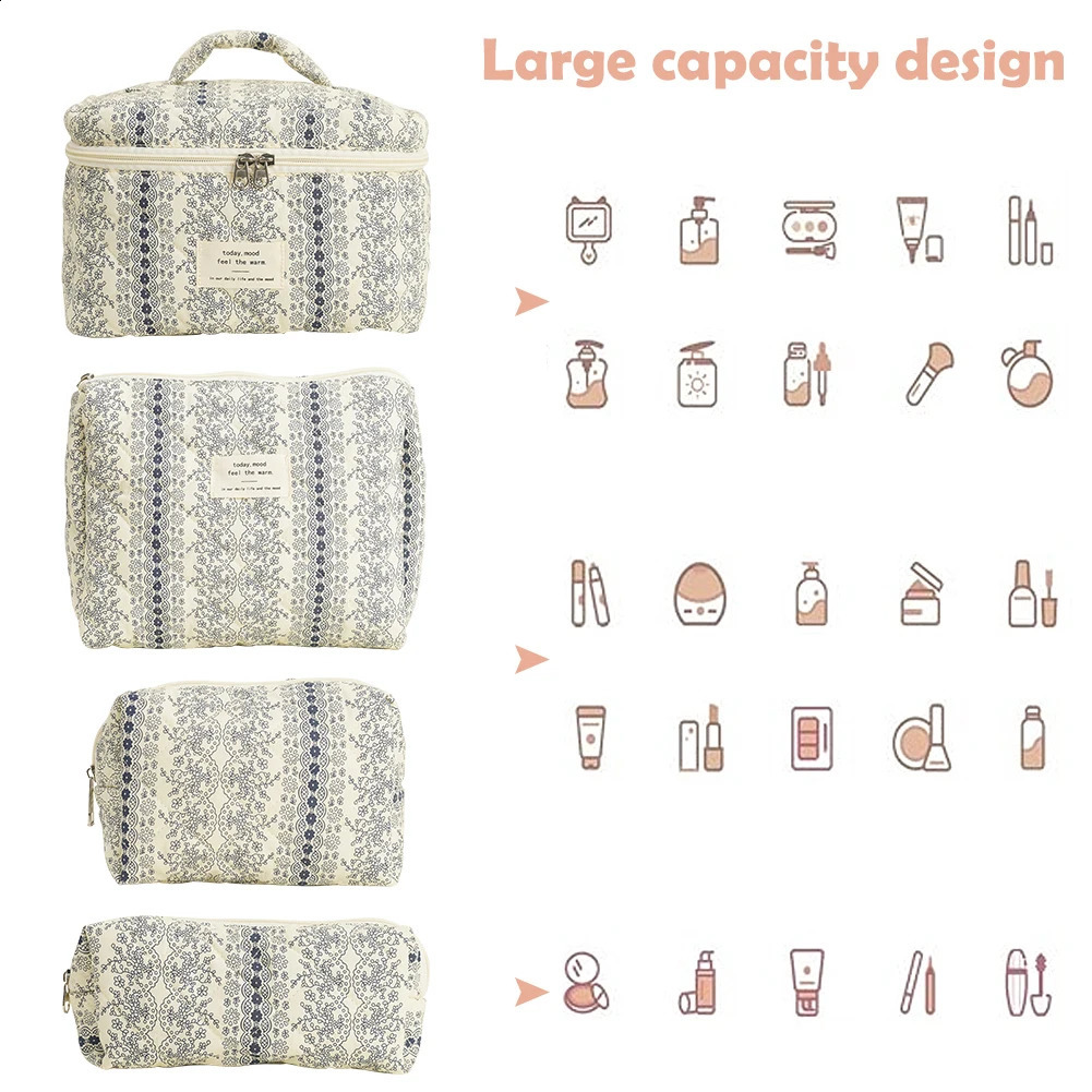 Travel Makeup Bag for Women Quilted Skincare Bag 4PCS Floral Make Up Organizer Travel Shopping Bag 241226