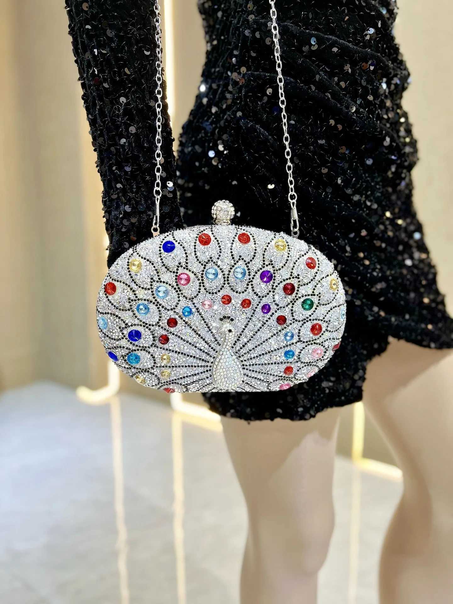 High Quality Light blue sapphire crystal peacock clutch womens evening bag wedding party dinner bride rhinestone handbag T241225