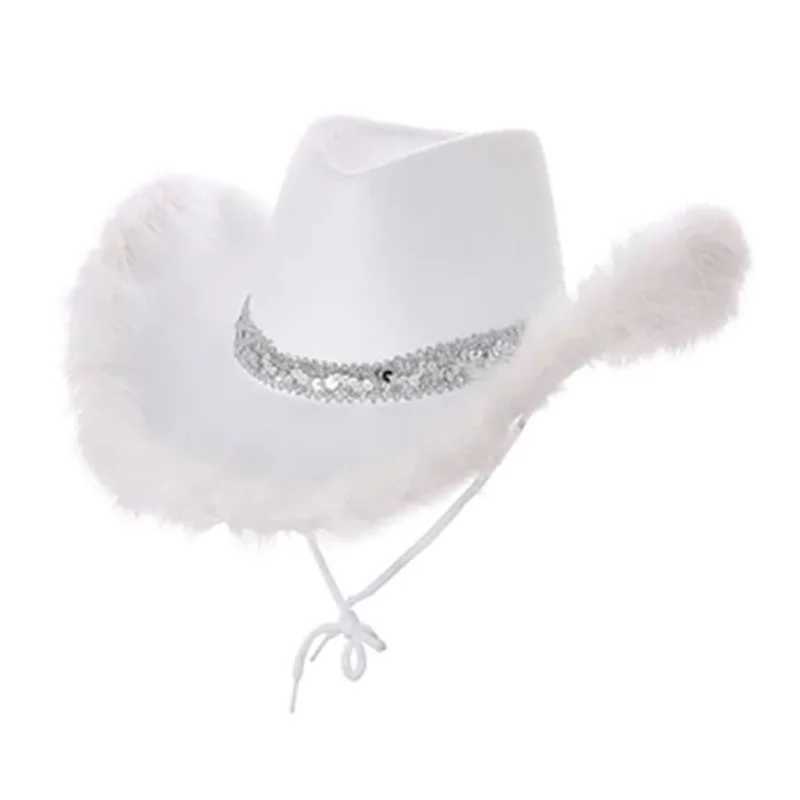 Sequined embroidered womens denim hat fashionable fur cushion wide Brim Panama Cs sun hat denim hat party hat W241225