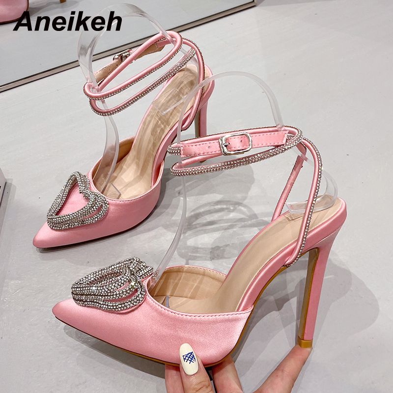 Aneikeh Fashion Runway Style Glitter Rhies Women Pumps Crystal Heart Shape Buckle Summer Lady High Heels Party Prom Shoes