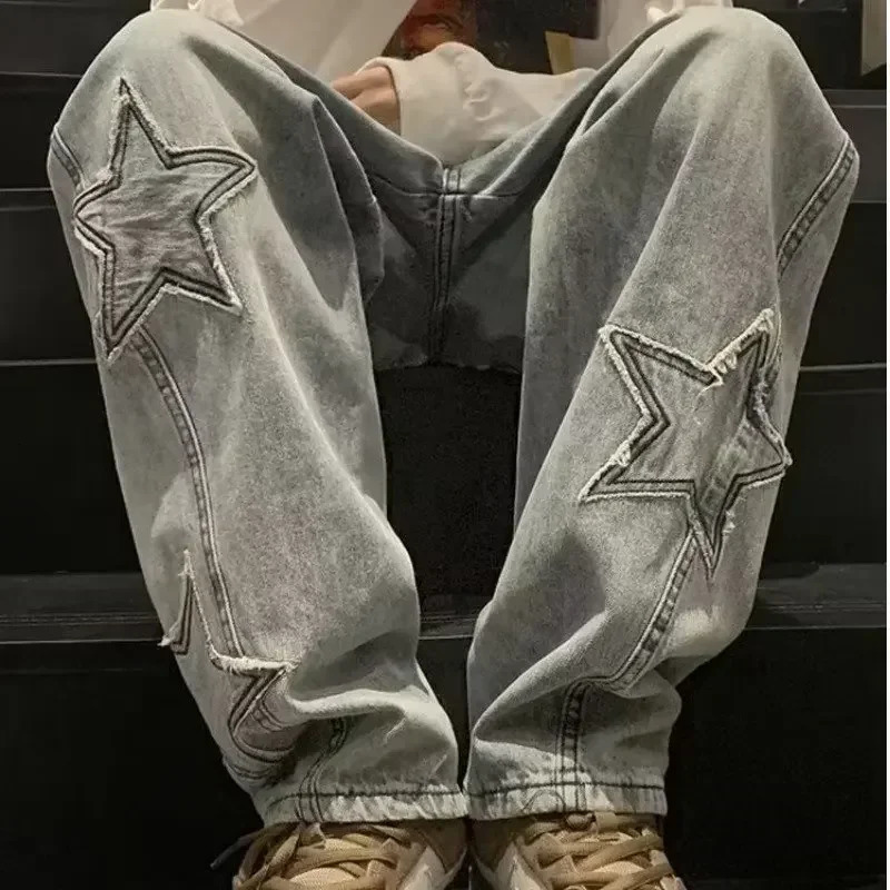 Y2K Vintage Streetwear Jean Harajuku Star Aesthetic Wide Leg Denim Trousers High Waist Unisex Couple Straight Pants 241225